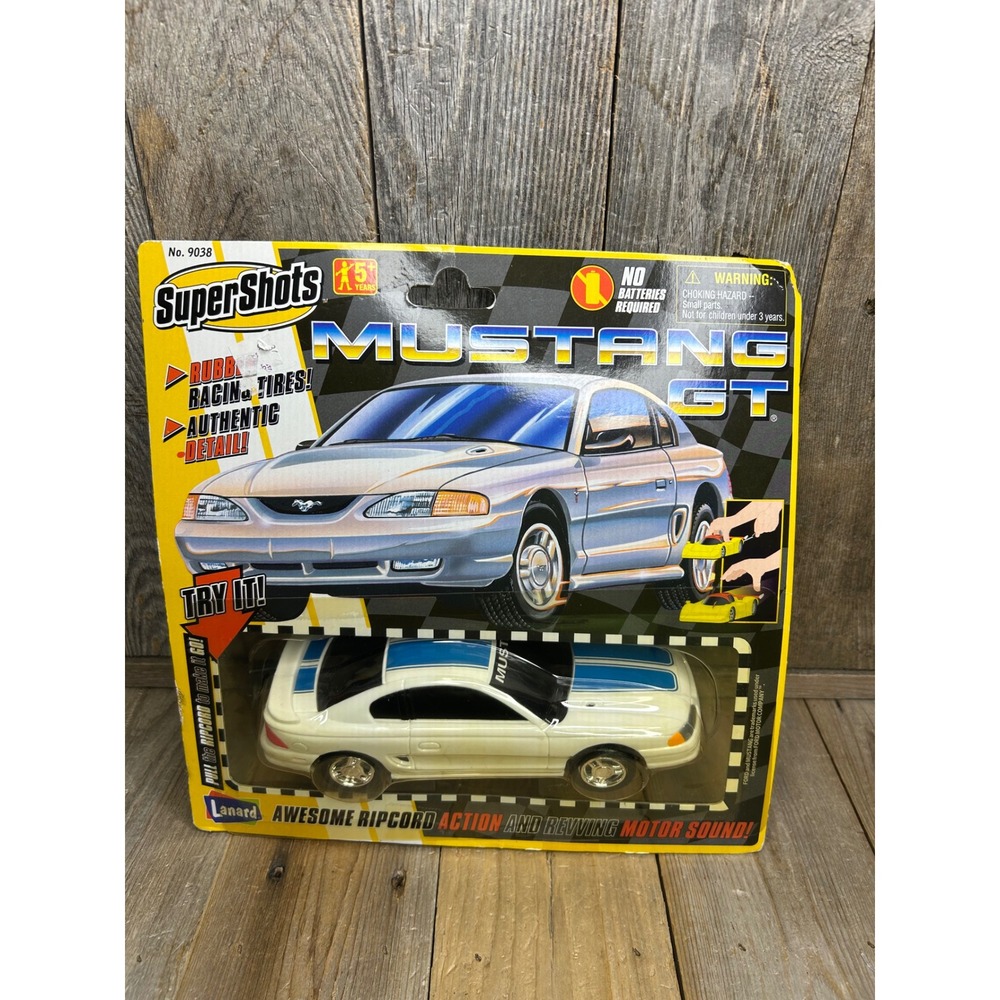Vintage 1998 Lanard Super Shots Mustang GT White Blue Stripes Ripcord Toy Works